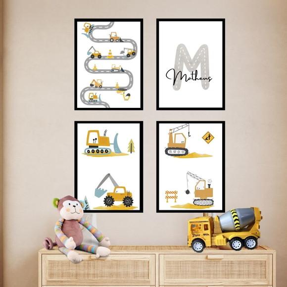 Kit Quadros Trator Construção Personalizado Menino com Vidro