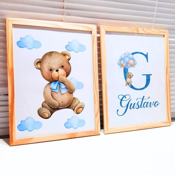Kit Quadros Urso Azul com Nome do Bebe Moldura C/vidro 33x43