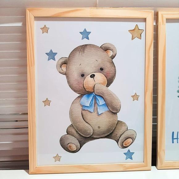 Kit Quadros Urso Azul com Nome do Bebe Moldura C/vidro 33x43