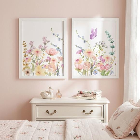 Kit Quaros Delicados Flores Decoração Fofa Quarto com Vidro