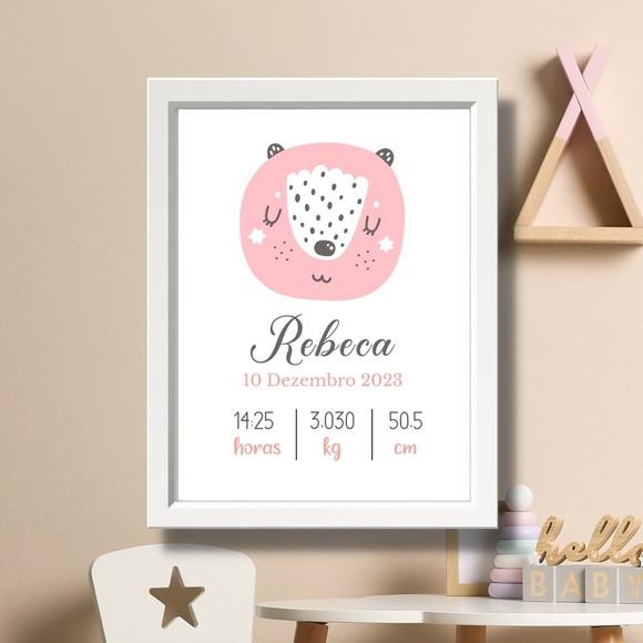 Meu Nascimento Minimalista Rosa Quadro Moldura Branca 33x43