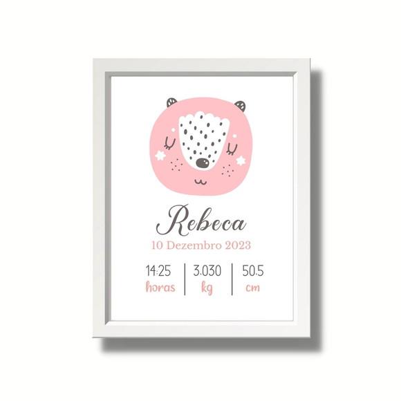 Meu Nascimento Minimalista Rosa Quadro Moldura Branca 33x43