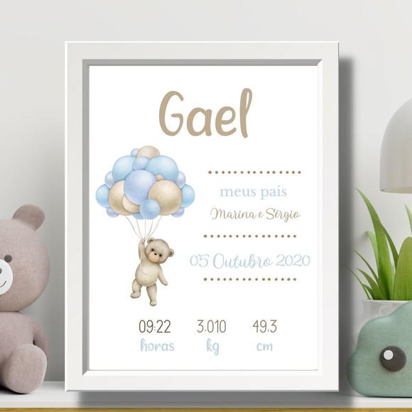 Meu Nascimento Quadro Quarto de Bebe Urso Menino 33x43 cm