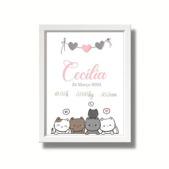 Meu Nascimento Quadro Quarto de Menina Editar Gatinhos 33x43