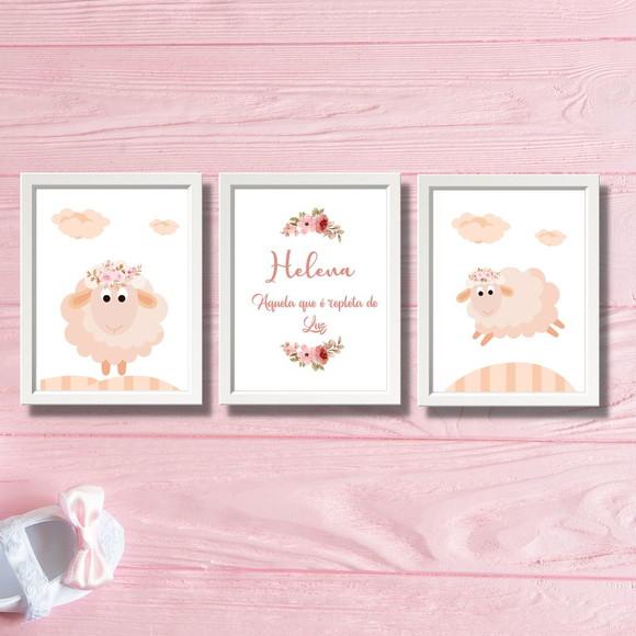 Quadrinhos Infantil Ovelhinha com Moldura e Vidro 20x30 cm