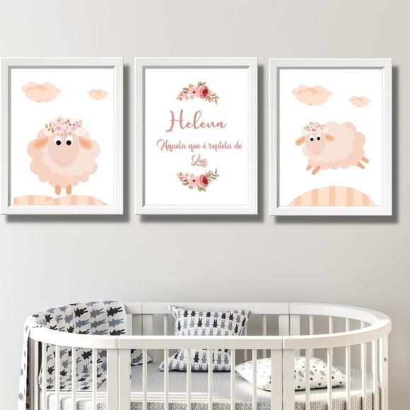 Quadrinhos Infantil Ovelhinha com Moldura e Vidro 20x30 cm
