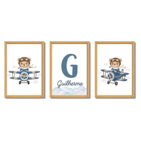 Quadrinhos Infantil Urso Avião Personalizado Moldura e Vidro