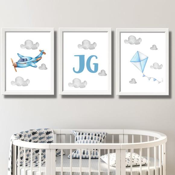 Quadrinhos Para Quarto De Bebe Aviao Aquarela 20x30cm