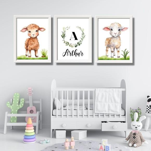 Quadrinhos para Quarto de Bebe com Ovelha e Nome 23x33 cm