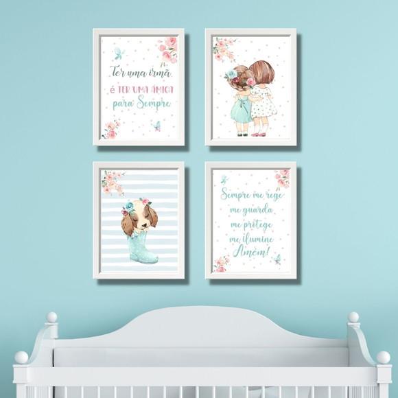 Quadrinhos para Quarto de Irmãs Aquarela com Frase 33x43 cm