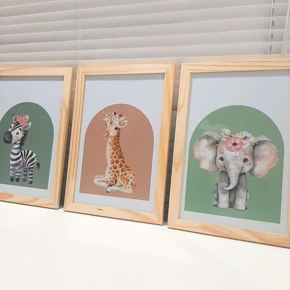 Quadrinhos Quarto de Menina Safari Elefantinho 33x43 c Vidro