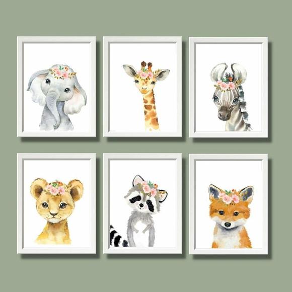 Quadrinhos safari aquarela com moldura branca e vidro 20x30