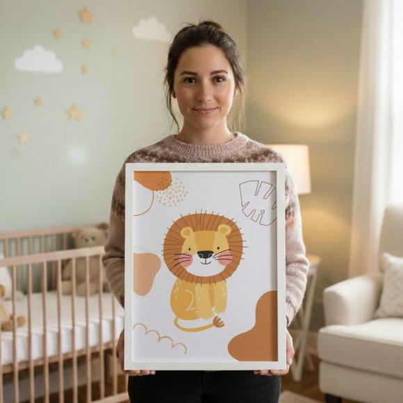 Quadrinhos Safari Minimalista Girafa Leão Moldura com Vidro