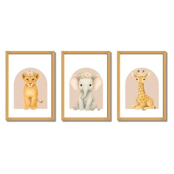 Quadro Animais Rosa Quarto Infantil Menina Moldura com Vidro
