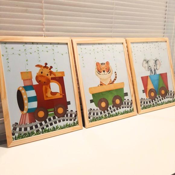 Quadro Animais Safari Leão Trenzinho Moldura com Vidro 33x43