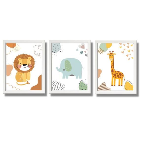 Quadro Animais Safari Leão Minimalista Infantil com Vidro