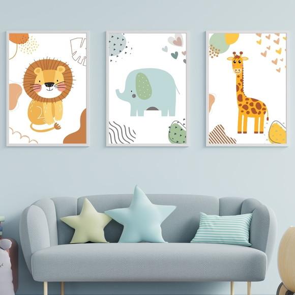 Quadro Animais Safari Leão Minimalista Infantil com Vidro