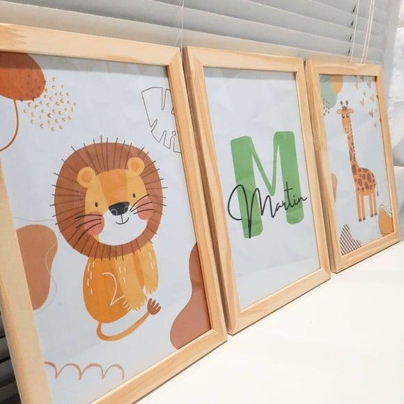 Quadro Animais Safari Personalizado Nome Bebe Moldura 33x43