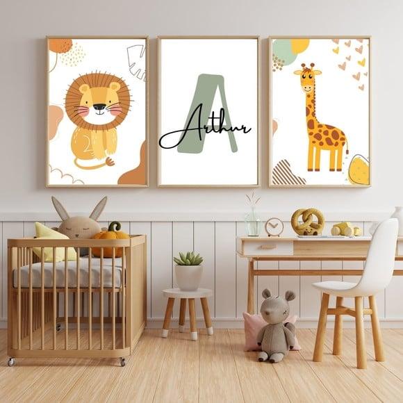 Quadro Animais Safari Personalizado Nome Bebe Moldura 33x43