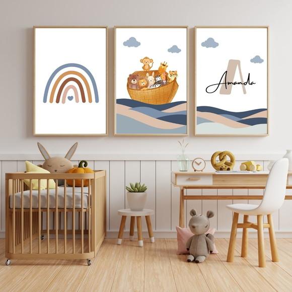 Quadro Arca Infantil com Nome | Moldura Madeira com Vidro