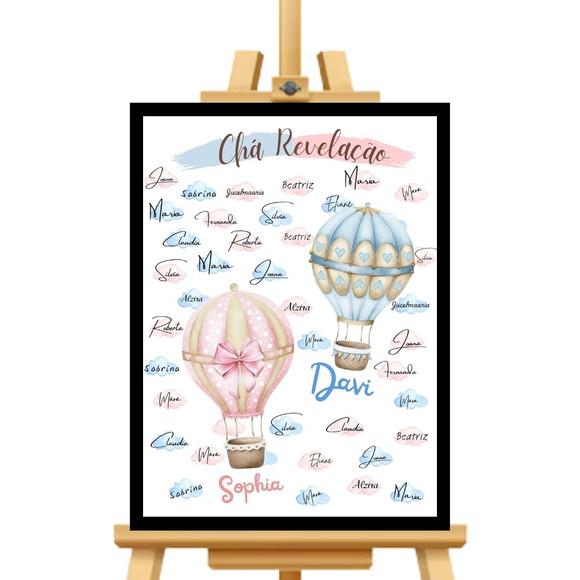 Quadro Assinatura Cha Revelação Simples Balão Azul e Rosa