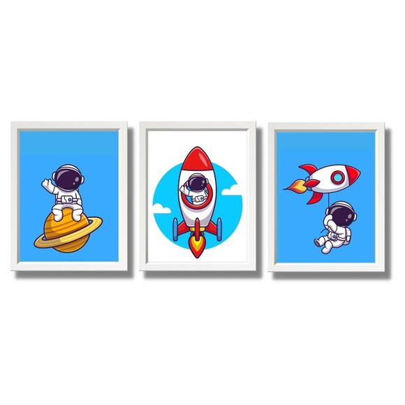 Quadro Astronauta Azul Quarto Infantil Menino 20x30 c/ Vidro
