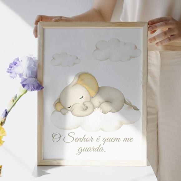 Quadro Bebê Elefantinho Unissex Frase Bíblica com Moldura