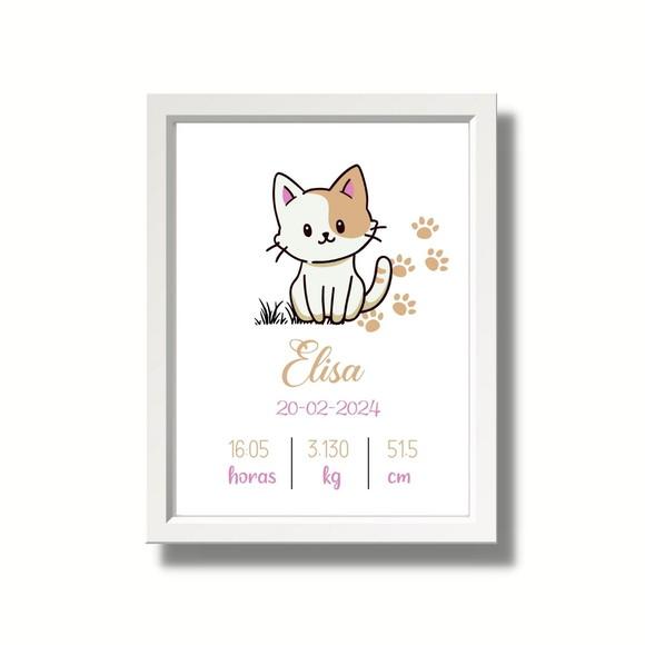 Quadro Bebe Nascimento Gatinha com Moldura Branca 33x43cm