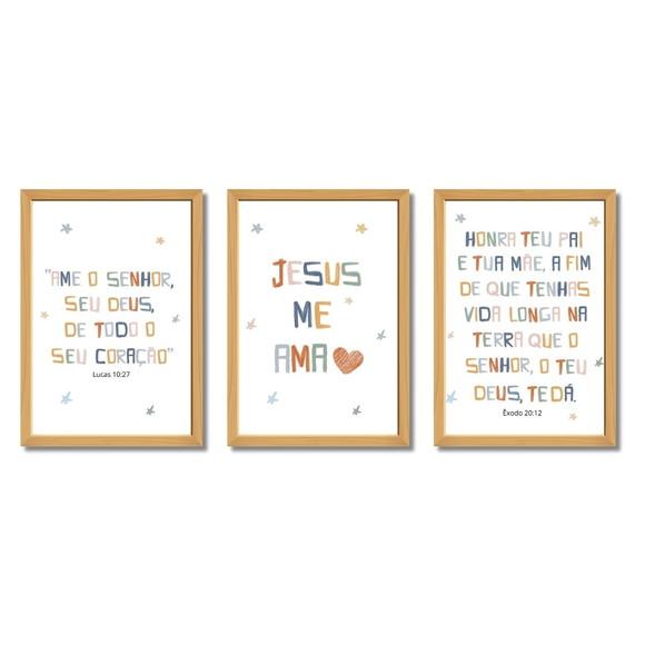 Quadro Bíblico Infantil Boho Chic Versículos Moldura Madeira