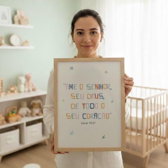 Quadro Bíblico Infantil Boho Chic Versículos Moldura Madeira