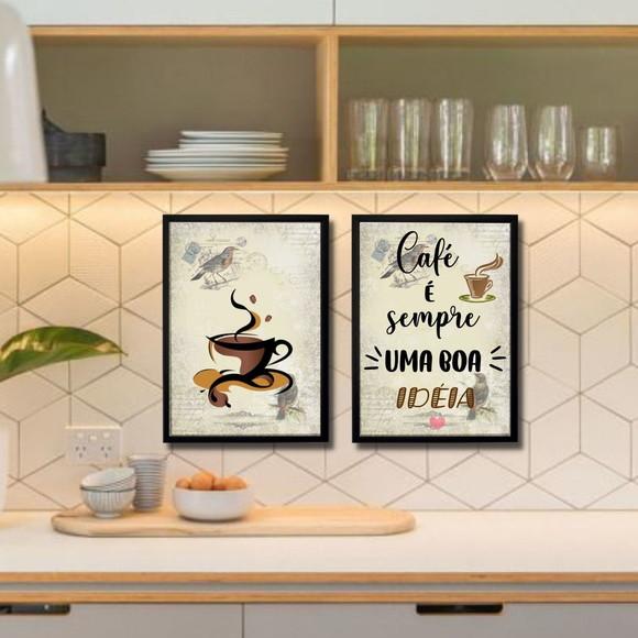 quadro café cozinha moderno frases amor kit 20x30 com vidro