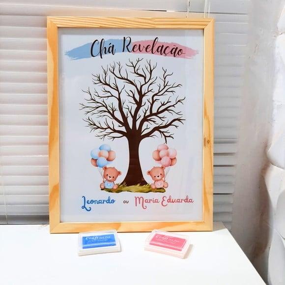 Quadro Chá Revelação Árvore Digitais + 2 Carimbeiras 33x43cm