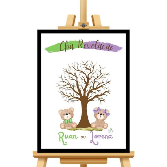 Quadro Chá Revelação Árvore Digitais Lilás/verde + 2carimbos