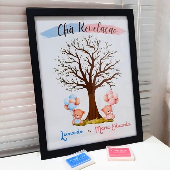 Quadro Chá Revelação Árvore Ursinho com 2 Carimbeiras 33x43