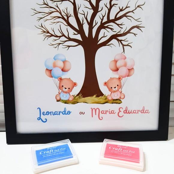 Quadro Chá Revelação Árvore Ursinho com 2 Carimbeiras 33x43