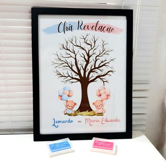 Quadro Chá Revelação Árvore Ursinho com 2 Carimbeiras 33x43