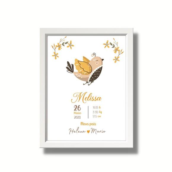 Quadro Chegada do Bebe Nascimento Menina Passaros 33x43 cm
