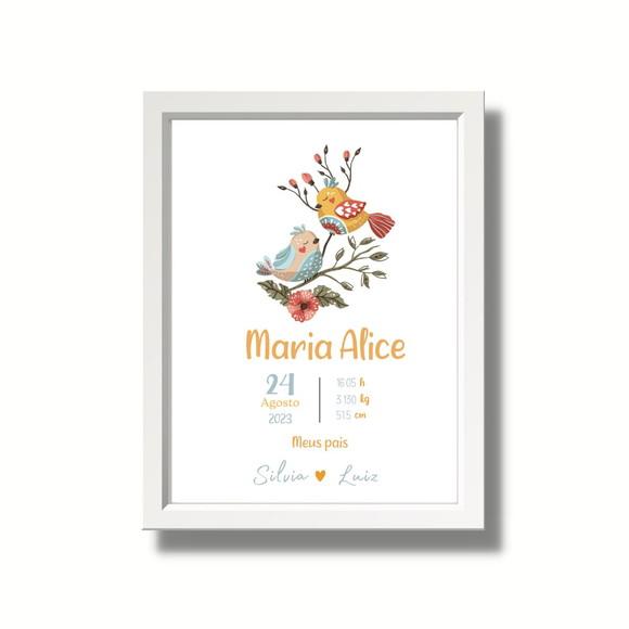 Quadro com Dados de Nascimento Maternidade Passaros 33x43cm