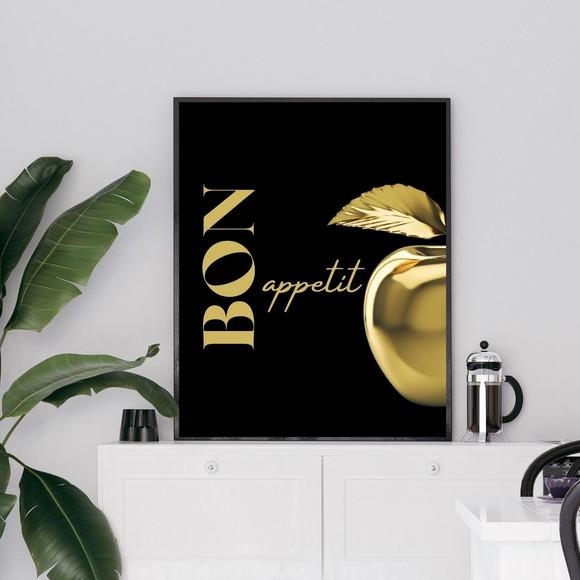 Quadro Cozinha Moderna Frutas Frase Bon Apetit 33x43cm