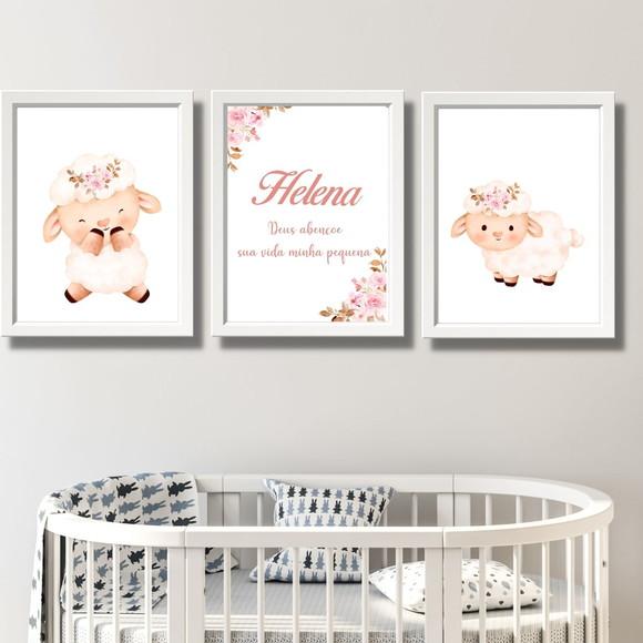 Quadro de Bebe Ovelhas com Nome Personalizado 30x40 C/vidro