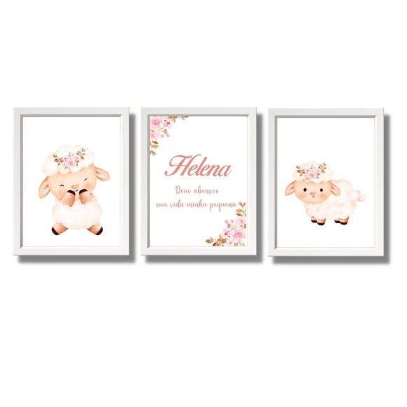 Quadro de Bebe Ovelhas com Nome Personalizado 30x40 C/vidro