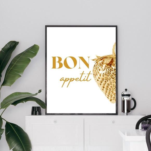 Quadro de Cozinha Frutas com Frase Bon Apetit 33x43cm
