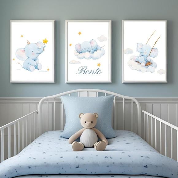 Quadro de Elefante Personalizado para Bebê com Moldura Vidro