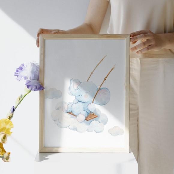 Quadro de Elefante Personalizado para Bebê com Moldura Vidro