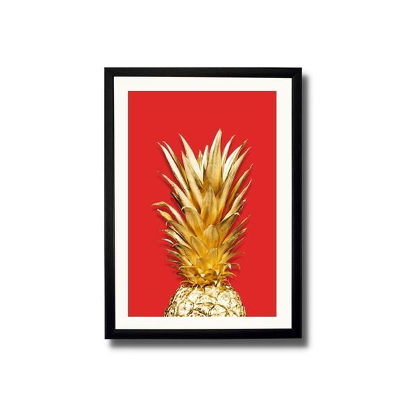 Quadro de Frutas Abacaxi Fundo Vermelho p/ Cozinha 33x43cm