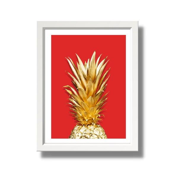 Quadro de Frutas Abacaxi Fundo Vermelho p/ Cozinha 33x43cm