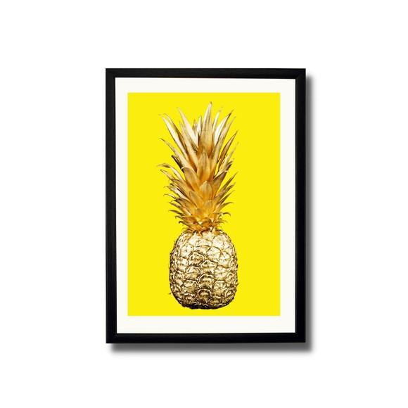 Quadro de Frutas Abacaxi Dourado Cozinha 33x43 c/ Vidro