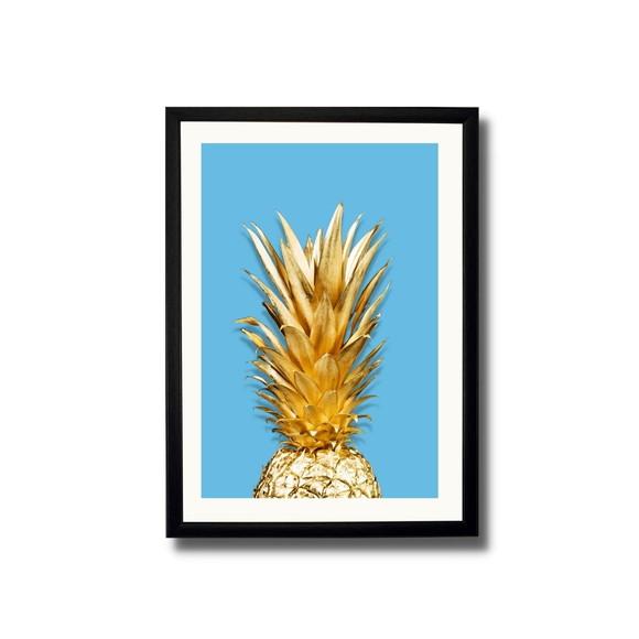 Quadro de Frutas para Cozinha Abacaxi Dourado 33x43 c/ Vidro