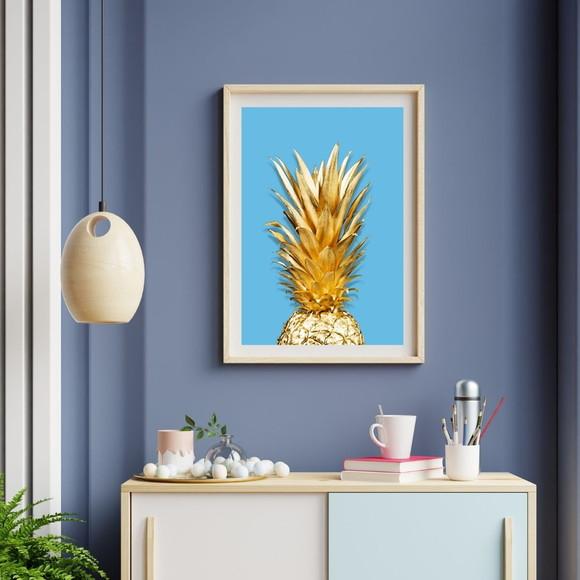 Quadro de Frutas para Cozinha Abacaxi Dourado 33x43 c/ Vidro