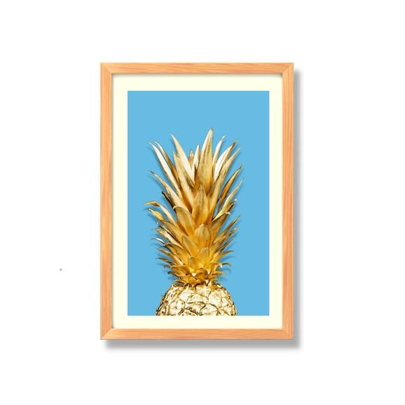 Quadro de Frutas para Cozinha Abacaxi Dourado 33x43 c/ Vidro